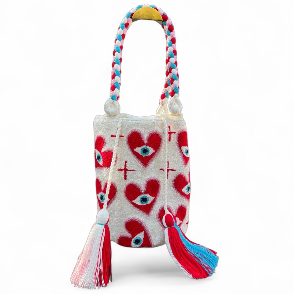 Wayuu Tribe White and Red Heart Shoulder Bag embroidered-lightweight-tote bag
